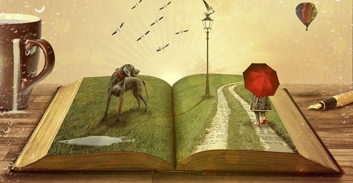 Fantazyjna scena. Książka otwarta na niej stoi pies i dziecko z czerwonym parasolem