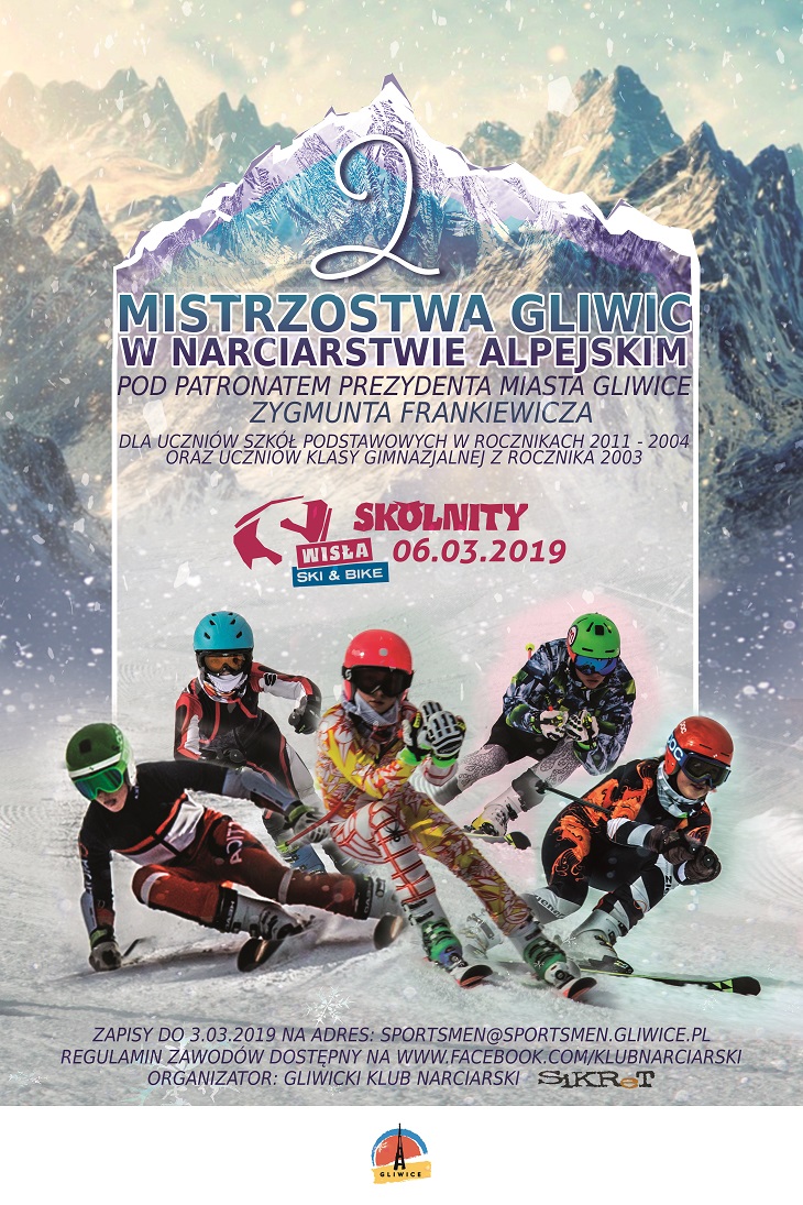 Plakat zapraszający do udziału w  Mistrzostwa Gliwic w Narciarstwie Alpejskim dla uczniów szkół podstawowych