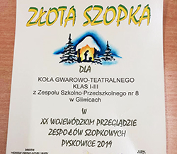 Dyplom uznania zdobyty w XX Wojewódzkim Przeglądzie Zespołów Szopkowych w Pyskowicach