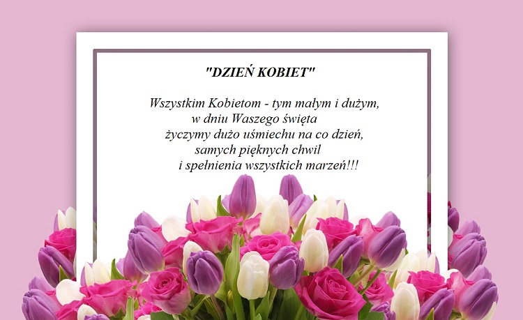 Karta z zyczeniami z okazji Dnia Kobiet, na dole kolorowe tulipany