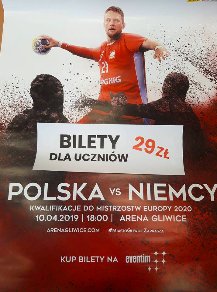 Plakat zapraszajacy na mecz Polska-Niemcy w gliwickiej Arenie