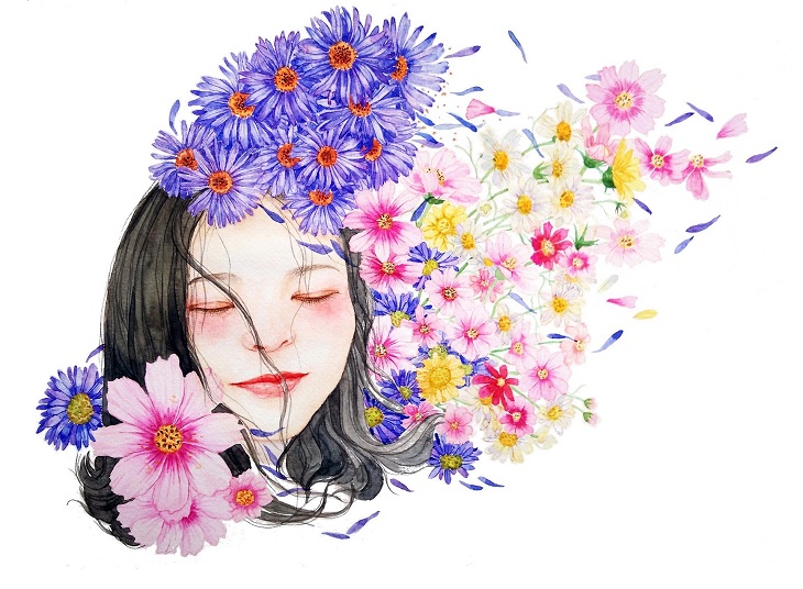 dziewczęca głowa w kwiatach grafika