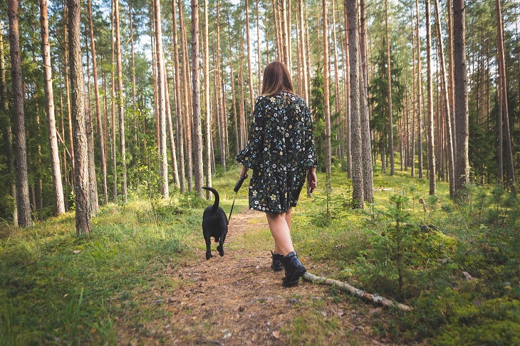 dziewczyna spaceruje z psem po lesie