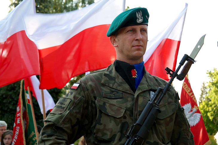 żołnierz polski na tle flagi