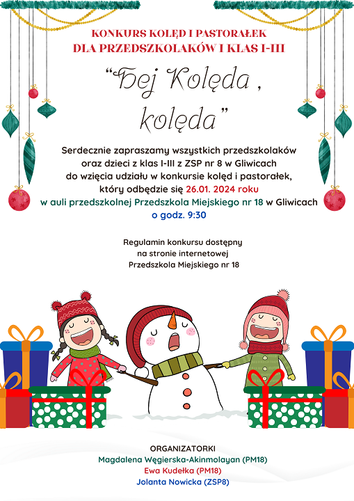 Świąteczny plakat informujący o wydarzeniu. Widac na nim ozdoby świąteczne, bałwanka, dzieci i prezenty