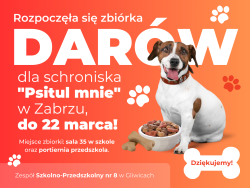 Plakat z psem, na którym zamieszczono informacje dotyczące szczegółów zbiórki dla schroniska