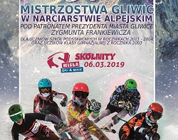 Plakat zapraszający do udziału w  Mistrzostwa Gliwic w Narciarstwie Alpejskim dla uczniów szkół podstawowych