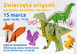 Plakat ze zwierzętami wykonanymi technika origami. Plakat zaprasza do udziału w zajęciach MDK