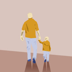 Tata trzyma dziecko za rękę. Odwróceni są tyłem
