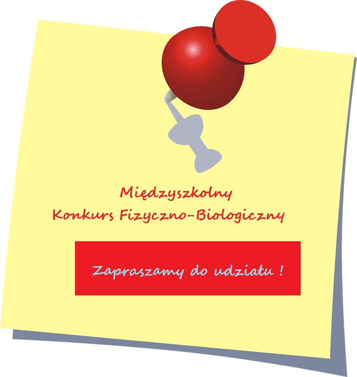 karta z notesu z napisem zapraszamy do udziału w konkursie fizyczno-biologicznym