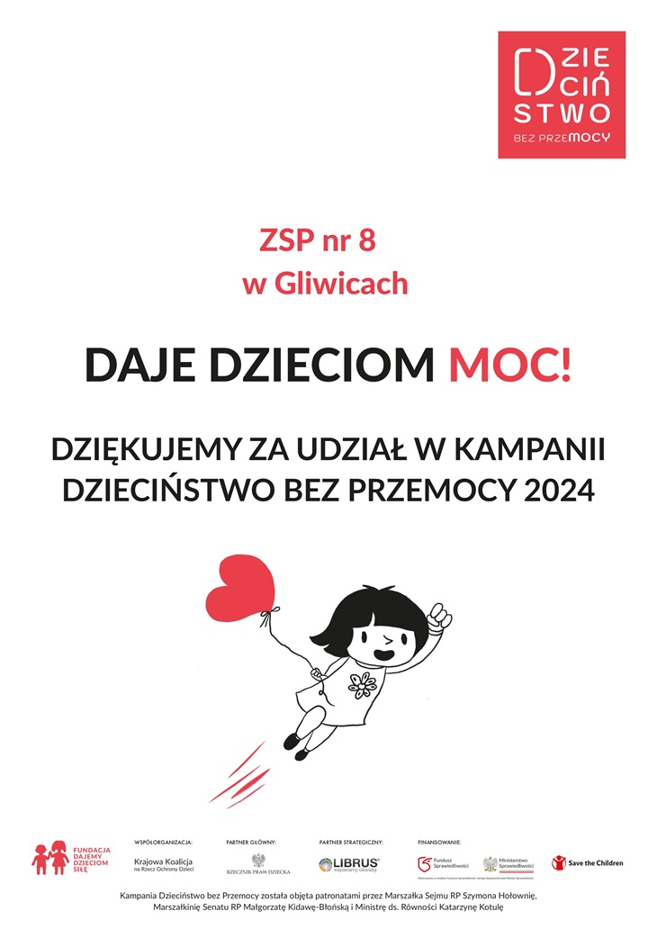 Na obrazku znajduje się grafika związana z kampanią „Dzieciństwo bez Przemocy 2024”.  Postać dziecka w formie prostej, rysunkowej grafiki, trzymającego czerwony balonik w kształcie serca. Dziecko wygląda na uśmiechnięte i pełne energii, co symbolizuje szczęśliwe dzieciństwo.