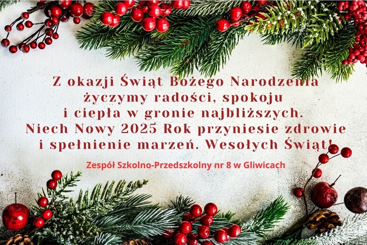 zyczenia świąteczne na kartce widoczne gałązki świerka i dekoracje