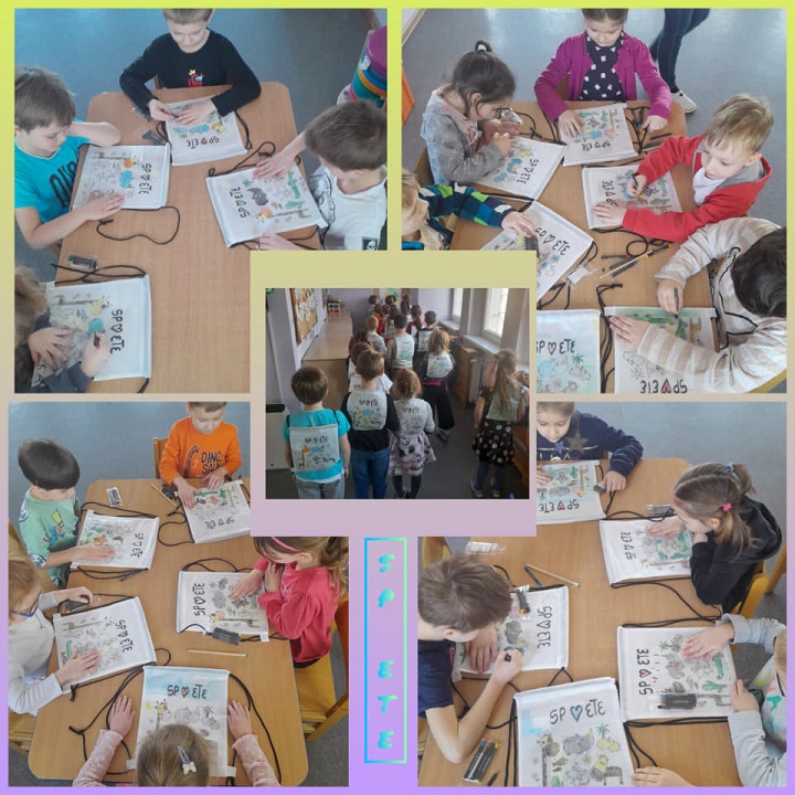kolaż z 5 zdjęć: na zdjęciu w górnym lewym rogu dzieci siedzą przy stole i kolorują, na zdjęciu w  prawym górnym rogu dzieci siedzą przy stole i kolorują, w dolnym lewym rogu  dzieci przy stole siedzą i kolorują, na zdjęciu w dolnym prawym rogu dzieci siedzą przy stole i kolorują, na zdjęciu w centrum dzieci stoją plecami do aparatu