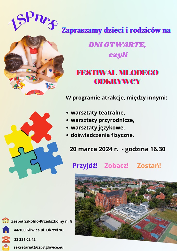 Plakat informujący o dniu otwartym szkoły 20 marca 16:30, odbędą się warsztaty muzyczne, przyrodnicze, matematyczne, językowe.