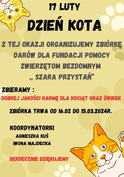 plakat o zbiórce darów dla kotów z schroniska Szara Przystań