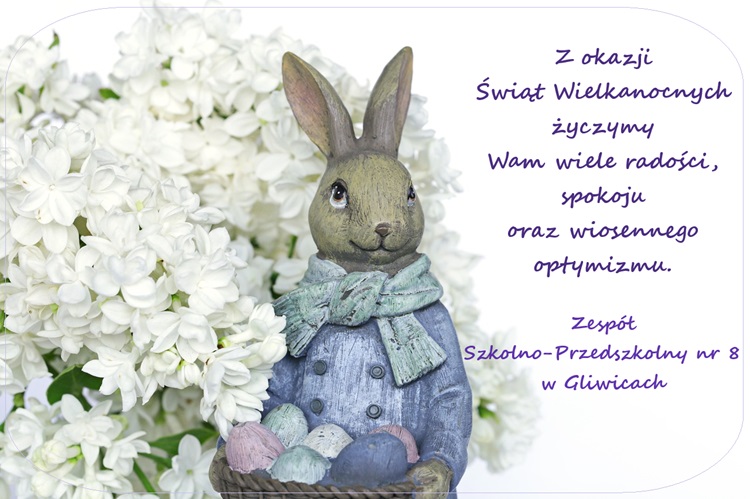 życzenia świąteczne od ZSP8 na ilustracji królik wielkanocny i bzy