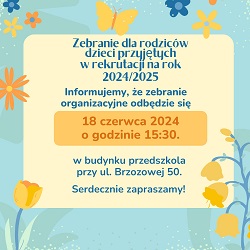 na plakacie znajdują się informacje o zebraniu, które odbędzie się 18 czerwca o 15:30 w PM nr 18 na Brzozowej
