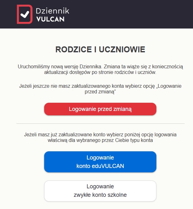 Informacje dotyuczące logowania do dzi9ennika elektronicznego po zmianach w Vuolcanie