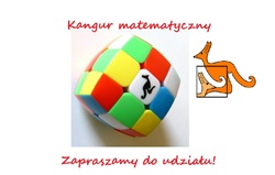 Na obrazku widoczna jest kolorowa kostka Rubika z nadrukiem symbolu kangura, który jest logo Międzynarodowego Konkursu Matematycznego "Kangur". Obok znajduje się rysunek kangura oraz napis w języku polskim: "Kangur matematyczny" u góry oraz "Zapraszamy do udziału!" u dołu