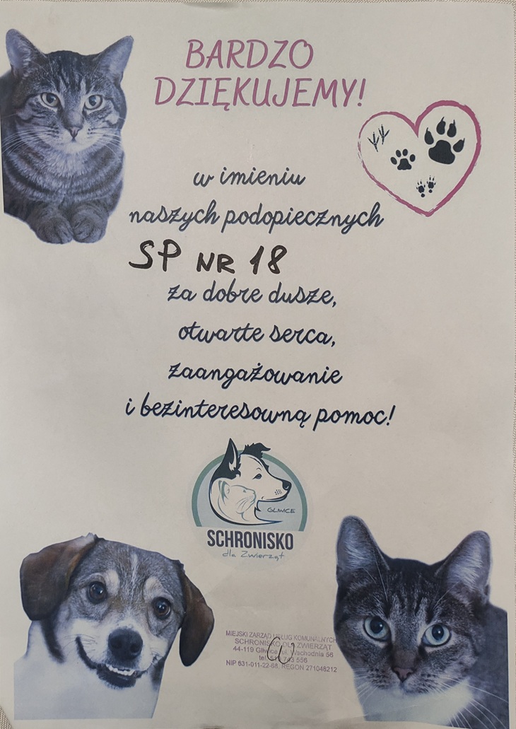 Na zdjęciu widnieje podziękowanie w formie plakatu lub dyplomu od schroniska dla zwierząt. Tekst wyraża wdzięczność dla SP nr 18 za okazane wsparcie, dobre serca, zaangażowanie i bezinteresowną pomoc na rzecz zwierząt.