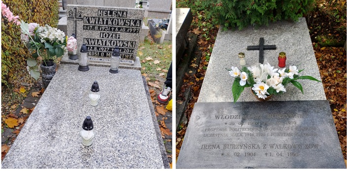 Na zdjęciu widać dwa uporządkowane groby na cmentarzu – efekt pracy wolontariuszy biorących udział w akcji „Posprzątaj grób (nie tylko) bohatera” 🕯️🌿.  Po lewej stronie znajduje się grób Heleny i Józefa Kwiatkowskich, ozdobiony świeżymi kwiatami i zapalonymi zniczami. Po prawej stronie widoczny jest nagrobek Włodzimierza Burzyńskiego, uczestnika walk i powstań, oraz Ireny Burzyńskiej z Walkowskich. Na płycie grobu ustawiono kwiaty i znicze, a wokół leżą jesienne liście 🍂