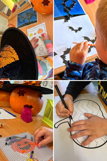 kolaż zdjęć zajęć - dziecko kreśli po śladzier kształt dyni, dmucha w rurkę w kierunku nietoperzy, układa koraliki 