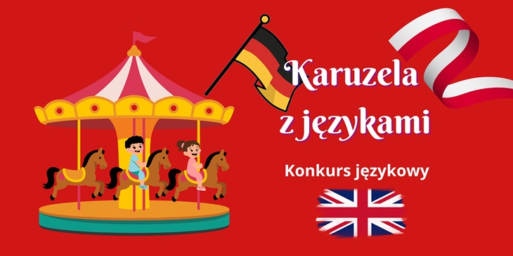 Na grafice widoczna jest ilustracja promująca konkurs językowy „Karuzela z językami”. Tło jest czerwone, a po lewej stronie znajduje się kolorowa karuzela z dziećmi siedzącymi na konikach. Nad karuzelą umieszczona jest flaga Niemiec.