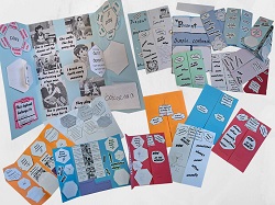 Na zdjęciu widać kolorowe lapbooki przygotowane przez uczniów klas 6b i 6c 🎨📚. Każdy z nich został wykonany z dużą starannością i pomysłowością – uczniowie wykorzystali różnobarwne kartki (niebieskie, pomarańczowe, czerwone i fioletowe), a także różne elementy do otwierania, składania i odkrywania informacji