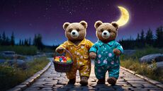 grafika pr5zedstawia dwa misie w nocnej scenerii ubrane w piżamki