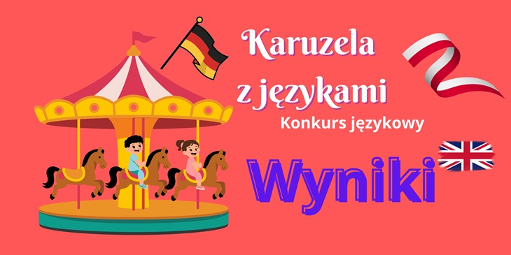 Plakat przedstawia kolorową, wesołą grafikę na różowym tle, promującą konkurs językowy „Karuzela z językami”.  Elementy plakatu:  🎠 Centralna ilustracja: Po lewej stronie znajduje się rysunkowa karuzela z konikami. Na dwóch z nich siedzą uśmiechnięte dzieci. Nad karuzelą powiewa flaga Niemiec, co nawiązuje do tematyki językowej konkursu.  🖋️ Teksty na plakacie:  „Karuzela z językami” – duży, dekoracyjny napis w białym kolorze, umieszczony w górnej części.  „Konkurs językowy” – mniejszy napis pod tytułem.  „Wyniki” – wyróżnione dużą, fioletową czcionką po prawej stronie, obok której widoczna jest flaga Wielkiej Brytanii.
