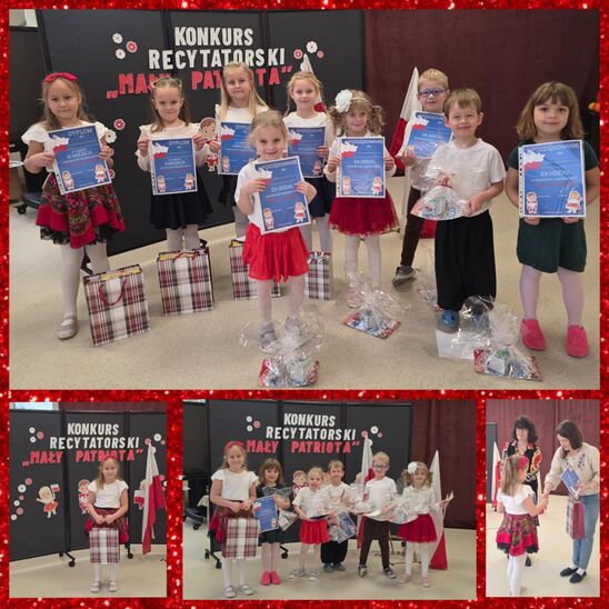 kolaż zdjęć przedstawiający dzieci elegancko ubrane w  barwy bialo czerwone, z dyplomami oraz upominkami