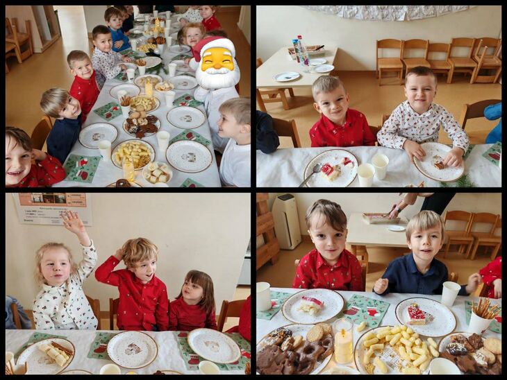 kolaż zdjęć uśmiechniętych dzieci w świątecznych strojach celebrujących uroczyste spotkanie świąteczne