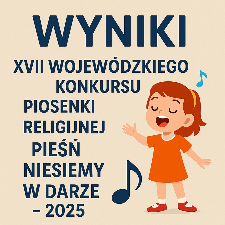 Na obrazku znajduje się plakat ogłaszający wyniki:  XVII Wojewódzkiego Konkursu Piosenki Religijnej „Pieśń niesiemy w darze” – 2025 🎵 Tekst jest zapisany dużą, wyraźną czcionką w kolorze granatowym, na jasnobeżowym tle.  Po prawej stronie plakatu znajduje się kolorowa ilustracja śpiewającego dziecka – dziewczynki w pomarańczowej sukience z rudymi włosami, zamkniętymi oczami i szeroko otwartymi ustami, jakby śpiewała z całego serca. Nad jej głową unosi się niebieska nuta muzyczna