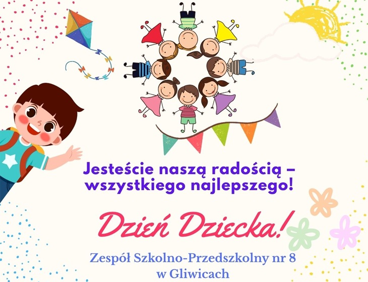 a obrazku znajduje się kolorowa grafika z okazji Dnia Dziecka. Oto szczegóły:  W centrum jest napis: „Jesteście naszą radością – wszystkiego najlepszego! Dzień Dziecka!”  Na górze obrazka widać rysunkowe dzieci trzymające się za ręce i ułożone w kółku.  Po lewej stronie znajduje się uśmiechnięte dziecko z plecakiem.  W tle są kolorowe elementy dekoracyjne: latawiec, słońce, chmurki, girlanda z chorągiewkami i kwiatki.