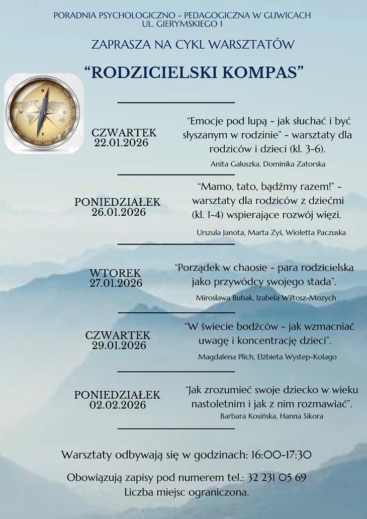 Plakat informuje o cyklu warsztatów „Rodzicielski Kompas” organizowanych przez Poradnię Psychologiczno-Pedagogiczną w Gliwicach (ul. Giermskiego 1).