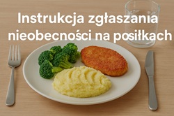 Na zdjęciu widzimy talerz z posiłkiem ustawiony na drewnianym stole. Na talerzu znajdują się trzy składniki: panierowany kotlet, porcja puree ziemniaczanego oraz ugotowany na parze brokuł. Po lewej stronie talerza leży widelec, a po prawej nóż. Nad talerzem stoi szklanka wody. Całość wygląda jak typowy, zbilansowany obiad serwowany w stołówce.