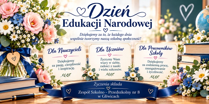 Baner z okazji Dnia Edukacji Narodowej utrzymany jest w eleganckiej, pogodnej stylistyce. Jasne, kremowe tło z delikatnym błękitem tworzy ciepłą i przyjazną atmosferę, a granatowe napisy nadają całości wyrazistości. Po bokach znajdują się kompozycje kwiatowe z różowych róż, białych stokrotek i błękitnych kwiatów, uzupełnione zielonymi liśćmi. Dekorację dopełniają książki, subtelne wstążki oraz motywy serc, symbolizujące wdzięczność i życzliwość.