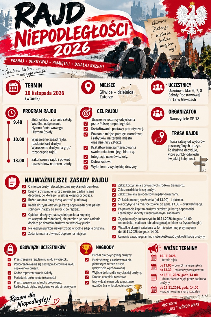 Plakat informuje o Rajdzie Niepodległości 2026, organizowanym przez nauczycieli Szkoły Podstawowej nr 18 w Gliwicach. Wydarzenie odbędzie się 10 listopada 2026 r. w dzielnicy Zatorze i jest skierowane do uczniów klas 6, 7 i 8.  Plakat utrzymany jest w barwach narodowych – bieli i czerwieni. W górnej części znajduje się duży, wyrazisty napis „Rajd Niepodległości 2026”, wizerunek polskiego orła oraz ilustracja uczniów z plecakami na tle gliwickich zabytków. Całość nawiązuje do patriotyzmu, historii Polski i poznawania własnego miasta.  Na plakacie umieszczono najważniejsze informacje o wydarzeniu: - Termin i miejsce: 10 listopada 2026 r., Gliwice – Zatorze. - Uczestnicy: uczniowie klas 6–8 Szkoły Podstawowej nr 18 w Gliwicach. - Program rajdu: o godz. 9.40 zbiórka na terenie szkoły i wspólne odśpiewanie hymnów, o godz. 10.00 rozpoczęcie gry terenowej, a o godz. 13.00 zakończenie rajdu i powrót do szkoły. - Cel wydarzenia: uczczenie odzyskania przez Polskę niepodległości, poznawanie miejsc pamięci narodowej, integracja uczniów oraz dobra zabawa. - Najważniejsze zasady: drużyny poruszają się razem, nie korzystają z prywatnych środków transportu, wykonują zadania w wybranej kolejności i robią wspólne zdjęcia w odwiedzanych miejscach. - Ważne terminy: zdjęcia i ewentualne skargi należy dostarczyć do 16 listopada 2026 r. do godz. 14.00. - Nagrody: puchar, wyjście do kina dla zwycięskiej drużyny, drobne upominki oraz wyróżnienia dla uczestników. W dolnej części plakatu widnieje patriotyczne hasło „Razem dla Niepodległej!”, a także ilustracje gliwickich zabytków i pucharów. Plakat ma zachęcać uczniów do udziału w rajdzie, wspólnego odkrywania historii oraz aktywnego świętowania Narodowego Święta Niepodległości.