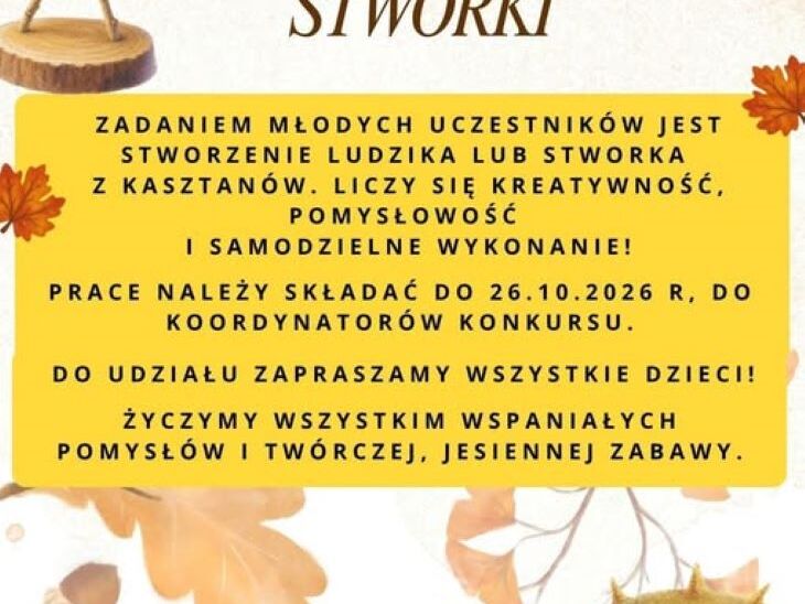 plakat informujący o konkursie jesiennym dotyczącym ludzików z kasztanków