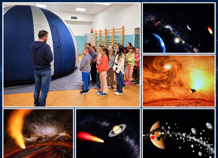 Uczniowie podczas wizyty w mobilnym planetarium mieli okazję wyruszyć w niezwykłą podróż po Wszechświecie. Podczas seansu poznawali tajemnice kosmosu, podziwiali planety, gwiazdy i galaktyki oraz odkrywali fascynujące zjawiska zachodzące w przestrzeni kosmicznej. Barwne projekcje i wyjątkowa atmosfera planetarium pozwoliły im poczuć się jak prawdziwi odkrywcy. Była to ciekawa i inspirująca lekcja, która rozbudziła wyobraźnię oraz zainteresowanie kosmosem.