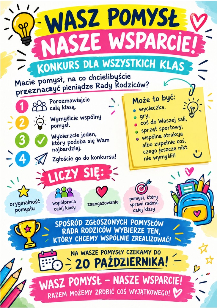To kolorowy plakat zachęcający uczniów do udziału w konkursie na pomysł dotyczący wykorzystania pieniędzy Rady Rodziców. Najważniejsze informacje: - Tytuł: „WASZ POMYSŁ – NASZE WSPARCIE!” - Konkurs skierowany jest do wszystkich klas. - Uczniowie mają zastanowić się, na co chcieliby przeznaczyć pieniądze Rady Rodziców. Jak wziąć udział? 1. Porozmawiajcie całą klasą. 2. Wymyślcie wspólny pomysł. 3. Wybierzcie ten, który podoba się Wam najbardziej. 4. Zgłoście go do konkursu. Co może być pomysłem? - wycieczka, - gry, - coś do Waszej sali, - sprzęt sportowy, - wspólna atrakcja, - albo zupełnie coś, czego jeszcze nikt nie wymyślił. Liczy się: - oryginalność pomysłu, - współpraca całej klasy, - zaangażowanie, - pomysł, który sprawi radość całej klasie. Spośród zgłoszonych pomysłów Rada Rodziców wybierze ten, który chcemy wspólnie zrealizować. Na Wasze pomysły czekamy do 20 października!