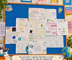 Na szkolnej tablicy pojawiły się kolorowe sketchnotki przygotowane przez uczniów klas 6. Przedstawiają one ciekawe strony internetowe i narzędzia edukacyjne, które pomagają w nauce różnych przedmiotów. Prace są pełne rysunków, notatek i kreatywnych pomysłów, dzięki czemu w przystępny sposób pokazują młodszym uczniom, jak korzystać z internetu, aby uczyć się łatwiej i skuteczniej.