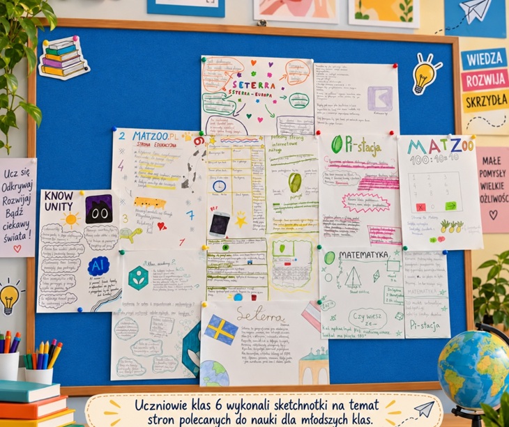 Na szkolnej tablicy pojawiły się kolorowe sketchnotki przygotowane przez uczniów klas 6. Przedstawiają one ciekawe strony internetowe i narzędzia edukacyjne, które pomagają w nauce różnych przedmiotów. Prace są pełne rysunków, notatek i kreatywnych pomysłów, dzięki czemu w przystępny sposób pokazują młodszym uczniom, jak korzystać z internetu, aby uczyć się łatwiej i skuteczniej.