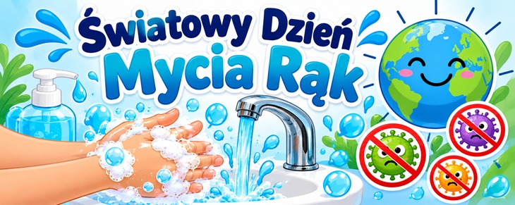 To kolorowy, wesoły baner edukacyjny z napisem „Światowy Dzień Mycia Rąk”. Po lewej stronie znajduje się dozownik mydła i namydlone dłonie, pośrodku kran z płynącą wodą oraz umywalka, a po prawej uśmiechnięta planeta Ziemia i przekreślone ilustracje drobnoustrojów. Całość utrzymana jest w jasnej, niebiesko-białej kolorystyce z efektami wody, piany i baniek.