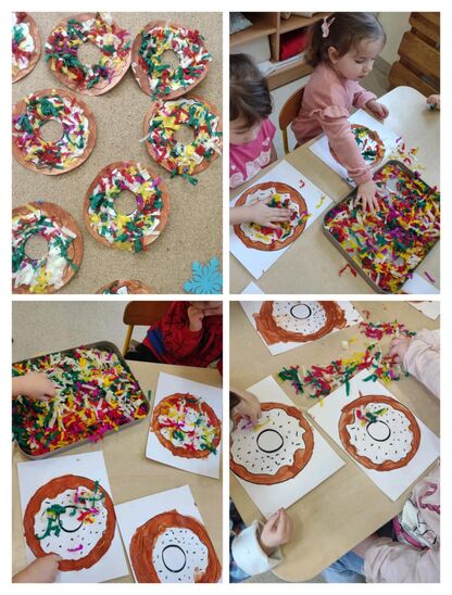 ozdoby i dekoracje papierowe przygotowane przez dzieci z grupy 3-latków