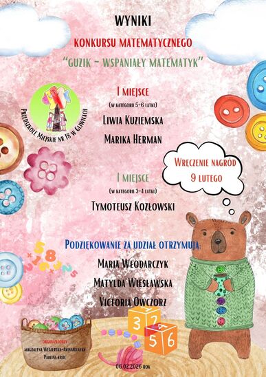 dyplom za udział w konkursie i nazwiska osób które zajęły pierwsze, drugie i trzecie miejsce