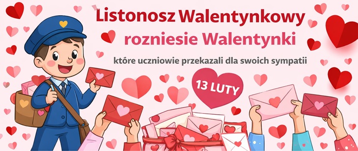Wesoły, kolorowy baner informuje o akcji „Listonosz Walentynkowy”, który 13 lutego rozniesie walentynki przekazane przez uczniów swoim sympatiom. Grafika przedstawia uśmiechniętego listonosza, koperty z serduszkami oraz liczne walentynkowe ozdoby.