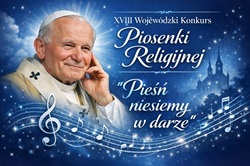 Po lewej stronie umieszczono wyraźne, złote hasło: „XVIII WOJEWÓDZKI KONKURS PIOSENKI RELIGIJNEJ” oraz tytuł konkursu: 🎵 „Pieśń niesiemy w darze” 🎵  Centralnie wyeksponowana jest data 21 kwietnia 2026 r. oraz informacja o organizatorze: Szkoła Podstawowa nr 18 im. Jana Pawła II w Gliwicach (ZSP nr 8).  Całość dopełniają motywy nut i świetliste akcenty, które podkreślają muzyczny i podniosły charakter wydarzenia.