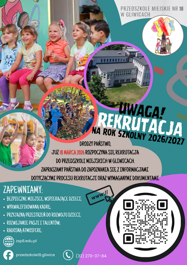 Drodzy Państwo, Już 18 marca 2026 rozpoczyna się rekrutacja do przedszkoli miejskich w Gliwicach.  Zapraszamy Państwa do zapoznania się z informacjami dotyczącymi procesu rekrutacji oraz wymaganymi dokumentami. Wszelkie informacje znajdziecie Państwo w zakładce REKRUTACJA. Serdecznie zapraszamy!