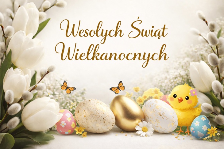 Elegancki baner wielkanocny z napisem „Wesołych Świąt Wielkanocnych” zapisanym złotą, ozdobną czcionką. Wokół znajdują się wiosenne dekoracje: tulipany, bazie, kolorowe pisanki, kwiaty, motyle oraz mały kurczaczek, które nadają kompozycji radosny i świąteczny charakter.